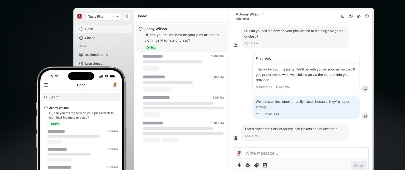 A mobile and desktop screen of Shopify inbox showing a message from customer, Jenny Wilson.